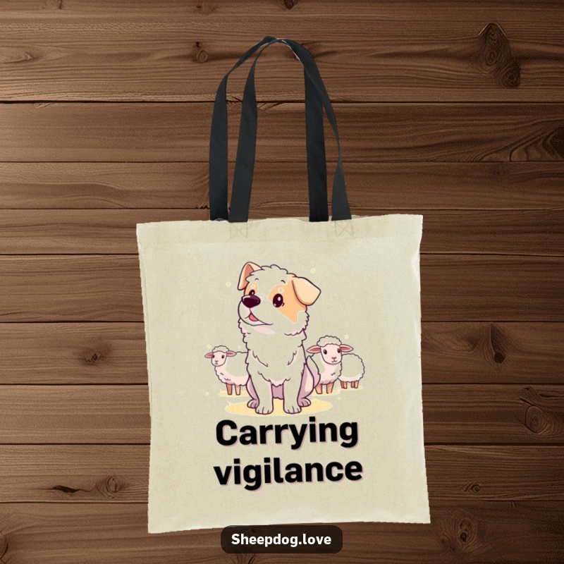 Funny guard sheepdog tote bag, showing an alert dog watching the horizon over sheep.