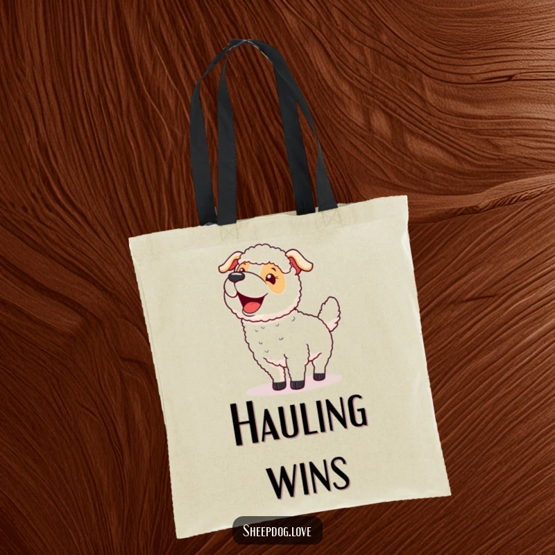 Funny tote bag showcasing a sheepdog wagging its tail excitedly after a successful round-up, a humorous and practical accessory.