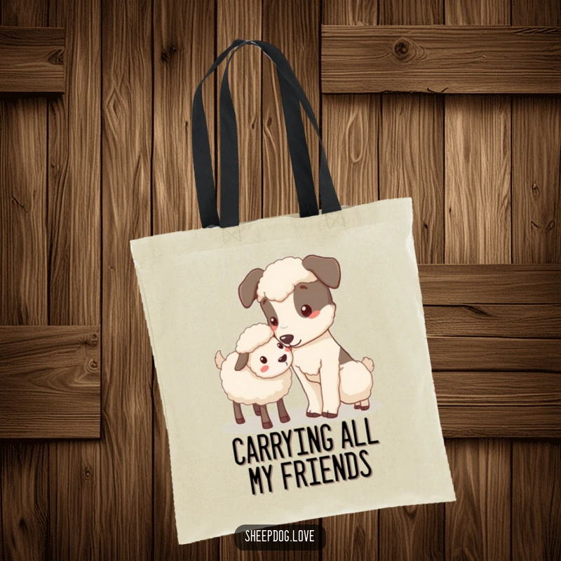 Funny Nudging Sheepdog Tote Bag depicting a sheepdog gently nudging a stray sheep, showcasing tender care and guidance.