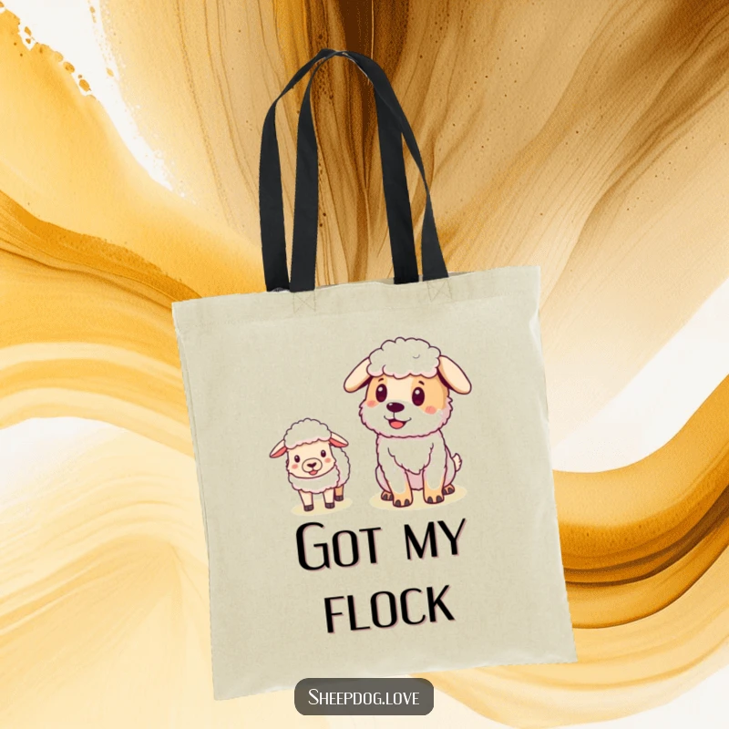 Funny Sheepdog tote bag displaying a pleased dog with sheep following closely, a humorous and practical accessory for farm lovers.