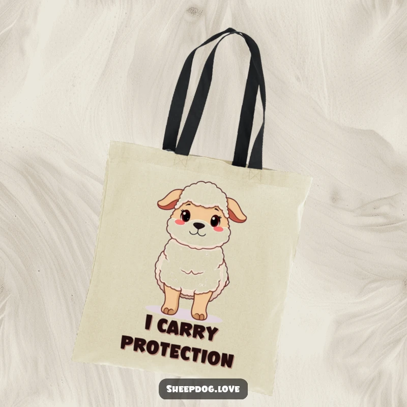 Funny tote bag with a protective sheepdog standing guard with a gentle expression, perfect for carrying essentials safely.