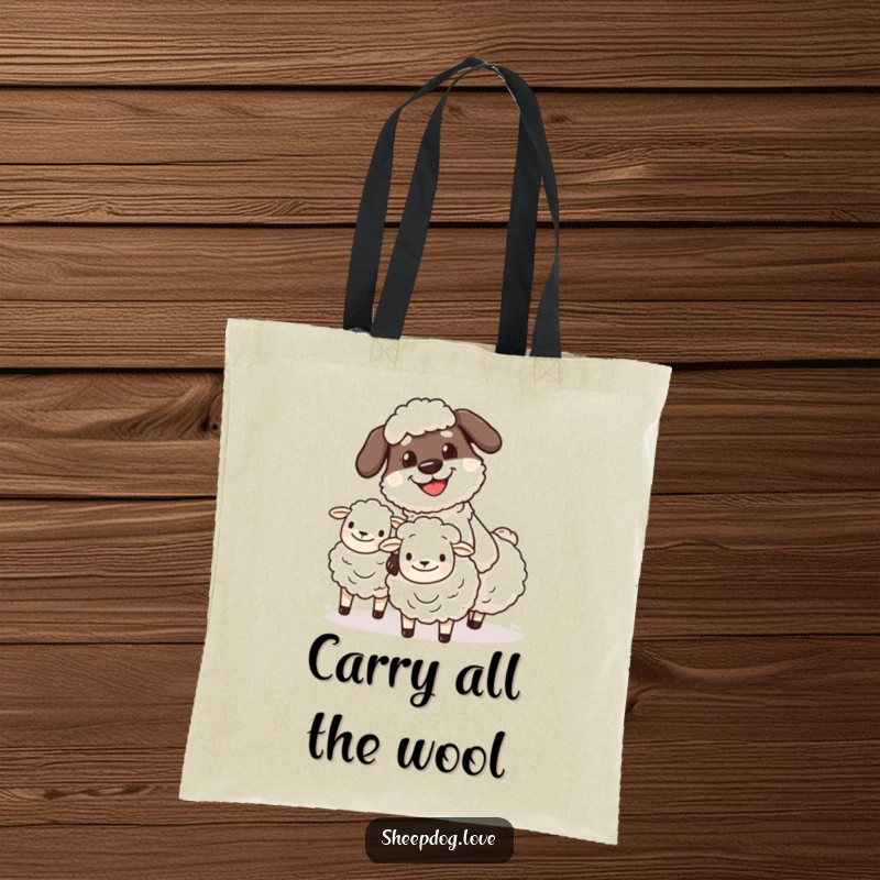 Funny sheepdog herder tote bag showcasing a determined, grinning character herding fluffy sheep, perfect for carrying essentials.