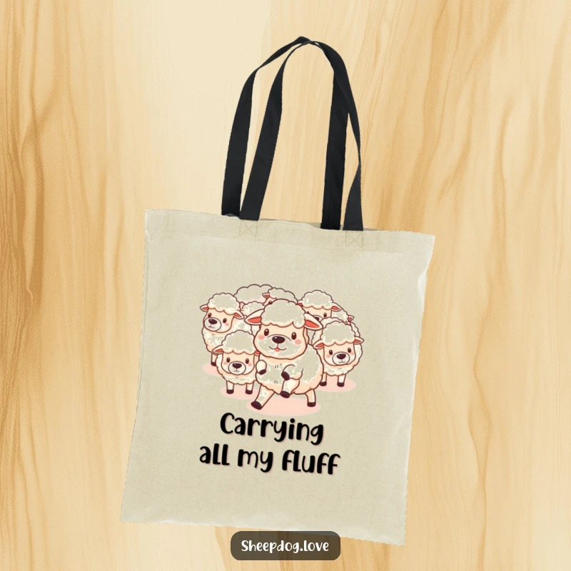 Funny Tote Bag: Sheepdog herding cotton-like sheep, embodying farm fun and humor, ideal for carrying essentials as a funny gift.