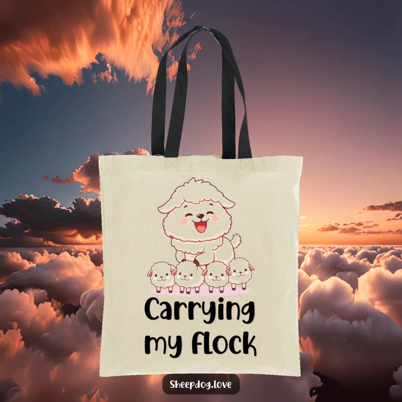 Funny sheepdog tote bag depicting a sheepdog joyfully herding fluffy sheep, cute and practical, ideal for shopping, a great funny gift.