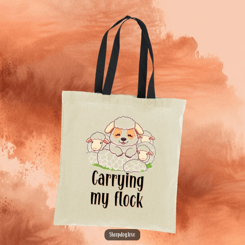 Funny sheepdog tote bag showing a snoozing sheepdog among sheep, a humorous and practical accessory for any occasion.