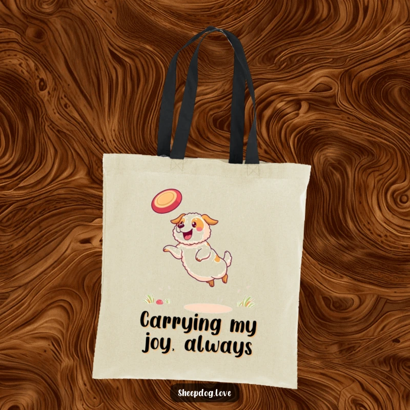 Funny sheepdog tote bag showcasing a determined sheepdog leaping with incredible agility to catch a frisbee.