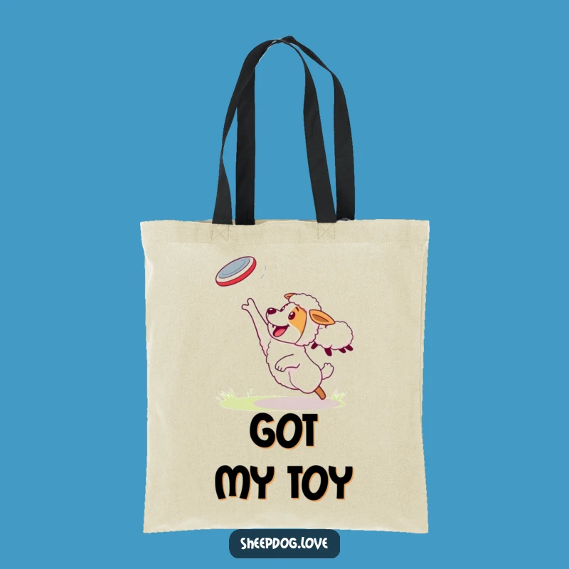 Funny Sheepdog Tote Bag: Energetic Frisbee Catch, Hilarious Sheep-Tossed Companion