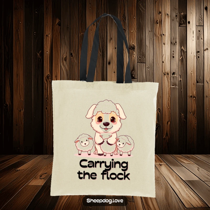 Funny sheepdog tote bag depicting a playful dog with a focused gaze expertly rounding up sheep, symbolizing diligence and charm.