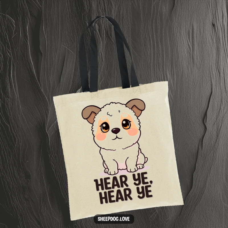 Funny sheepdog tote bag depicting a dog with perked ears, intently listening, ready for errands. A charming accessory for dog enthusiasts.