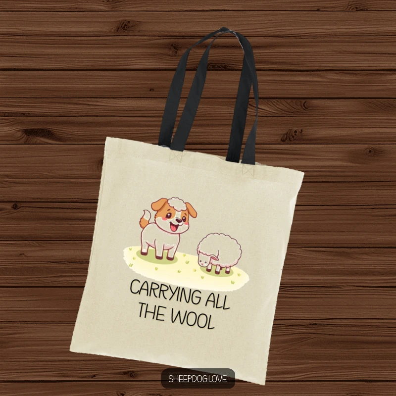 Funny Sheepdog tote bag displaying a happy dog wagging its tail enthusiastically next to a grazing sheep, a stylish and humorous carry-all.