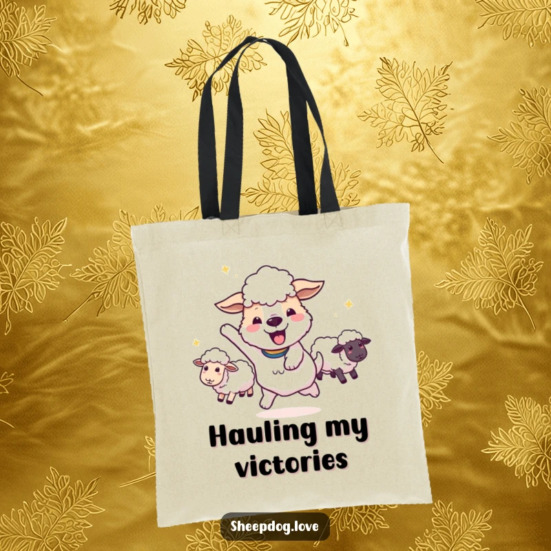 Funny sheepdog doing a victory spin with sheep in tow on a tote bag, great for celebrations.