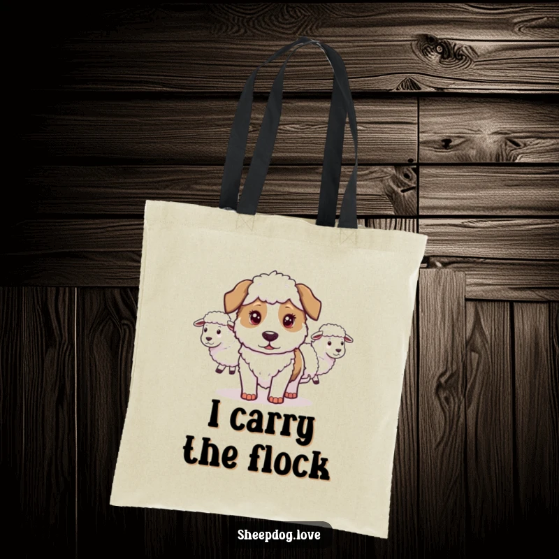 Funny Sheepdog Tote Bag: A determined sheepdog calmly herds sheep, a humorous and practical tote for dog lovers and organizers.
