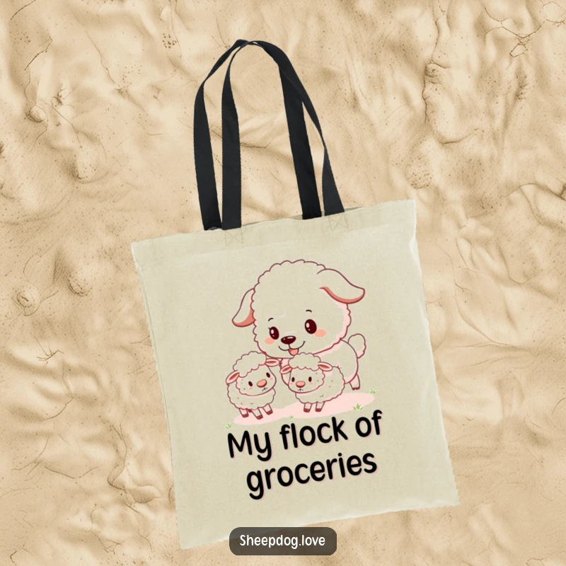 Funny Sheepdog Tote Bag depicting a fluffy sheepdog actively and playfully herding a flock of tiny, energetic sheep.