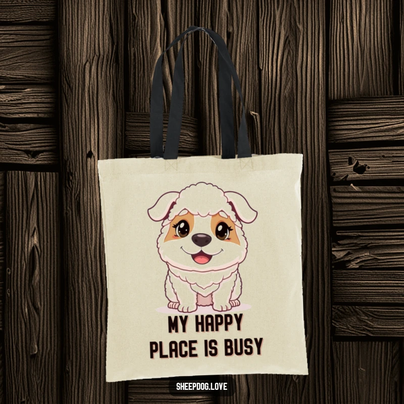 Funny sheepdog’s happy, determined face on a sturdy tote bag, perfect for carrying daily necessities with humor.